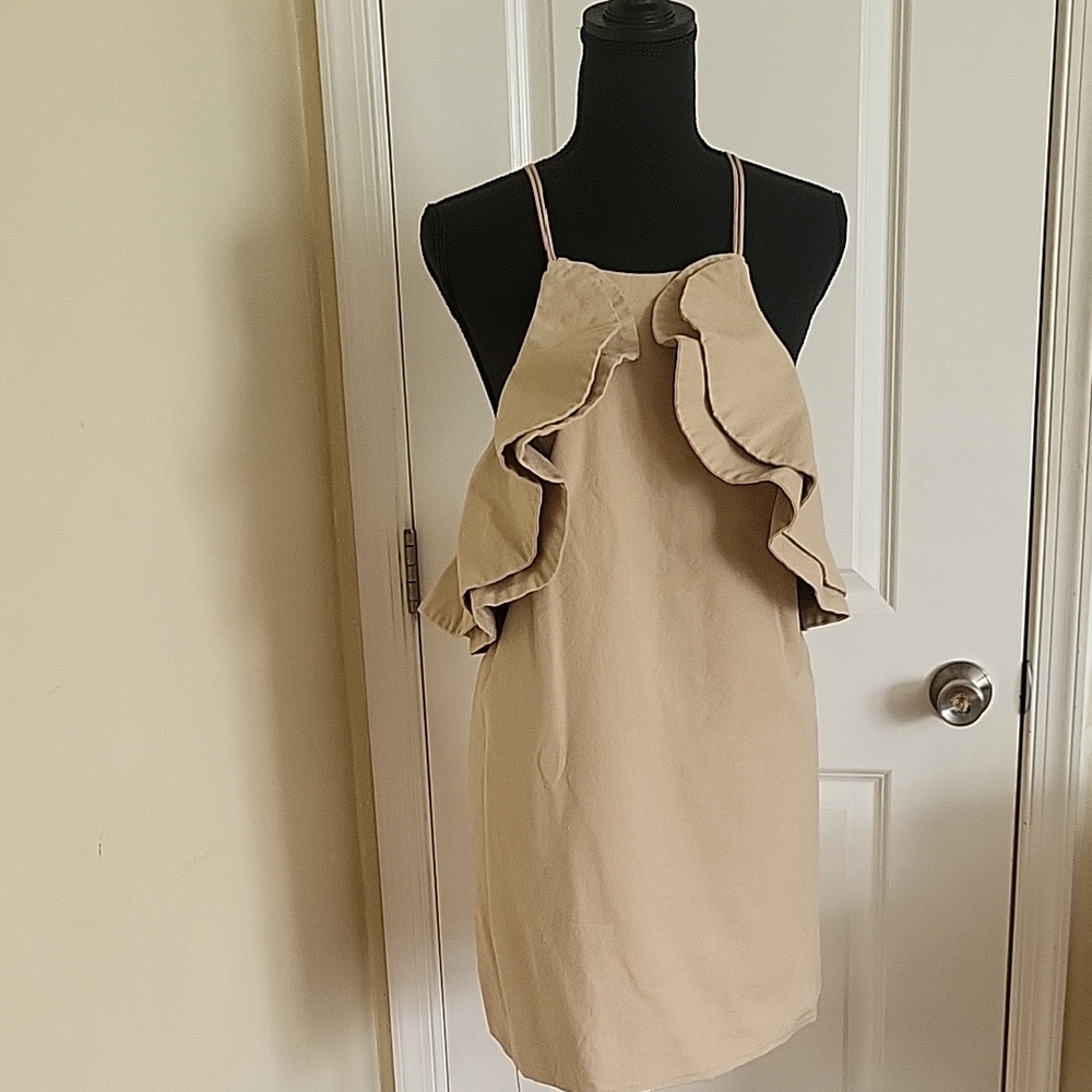 Beige Linen Asymmetrical Ruffled Cocktail Dress w Spagetti Straps